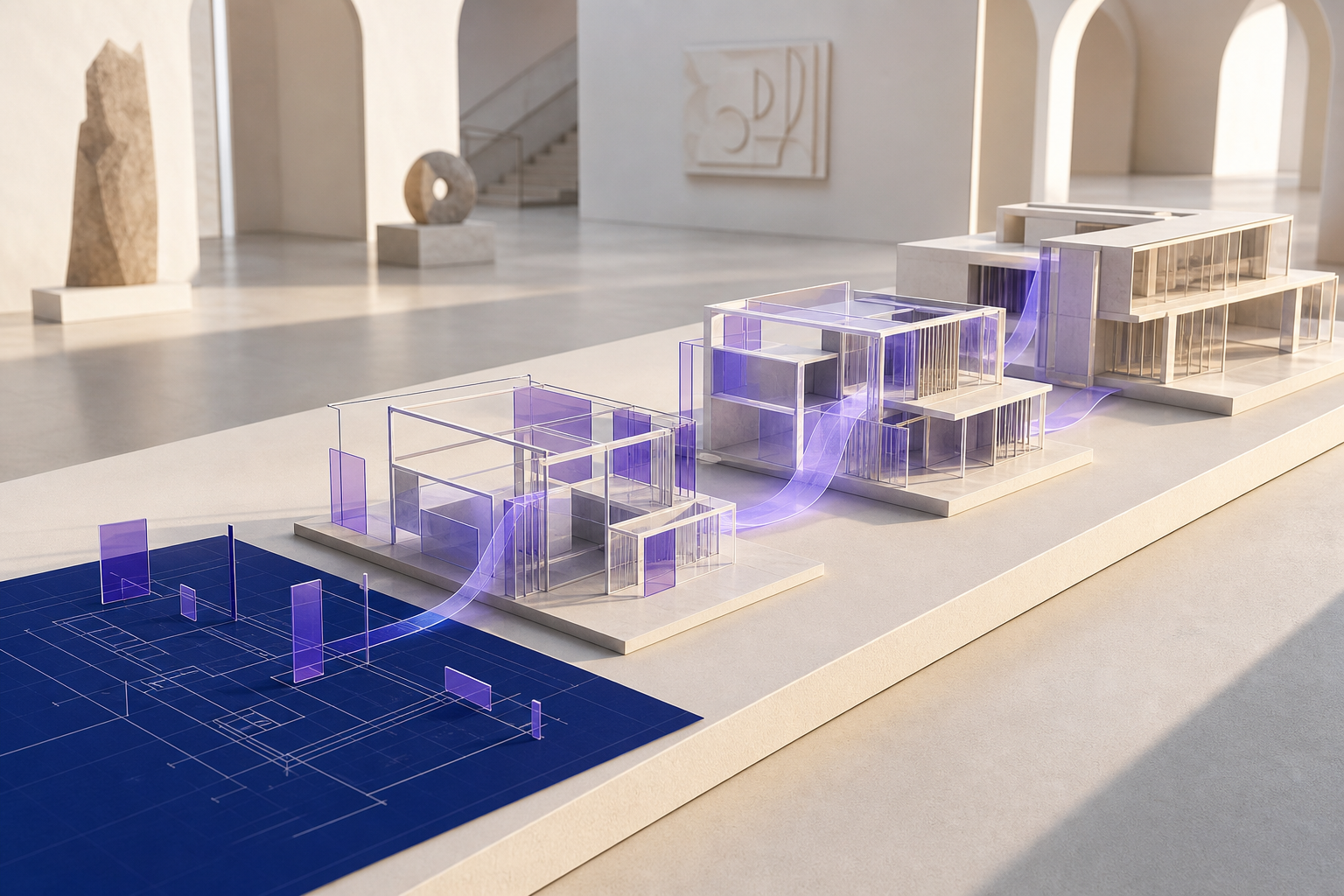 An architectural blueprint becoming a complete structure
