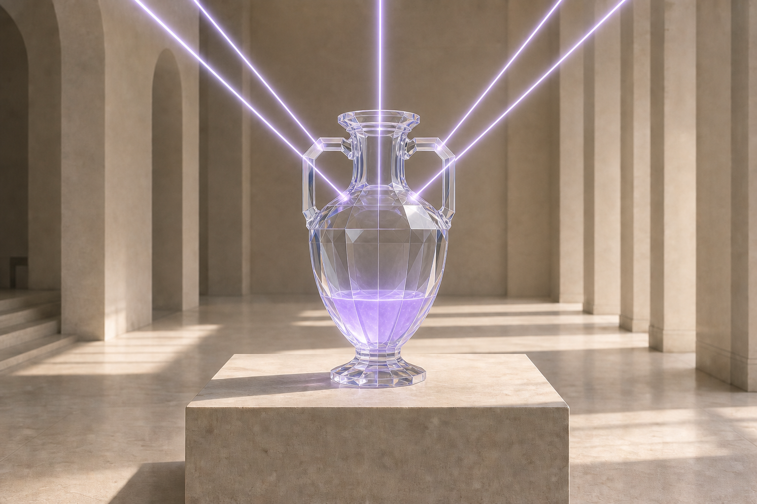 Five lavender signals converging inside a crystal amphora and accumulating as luminous value
