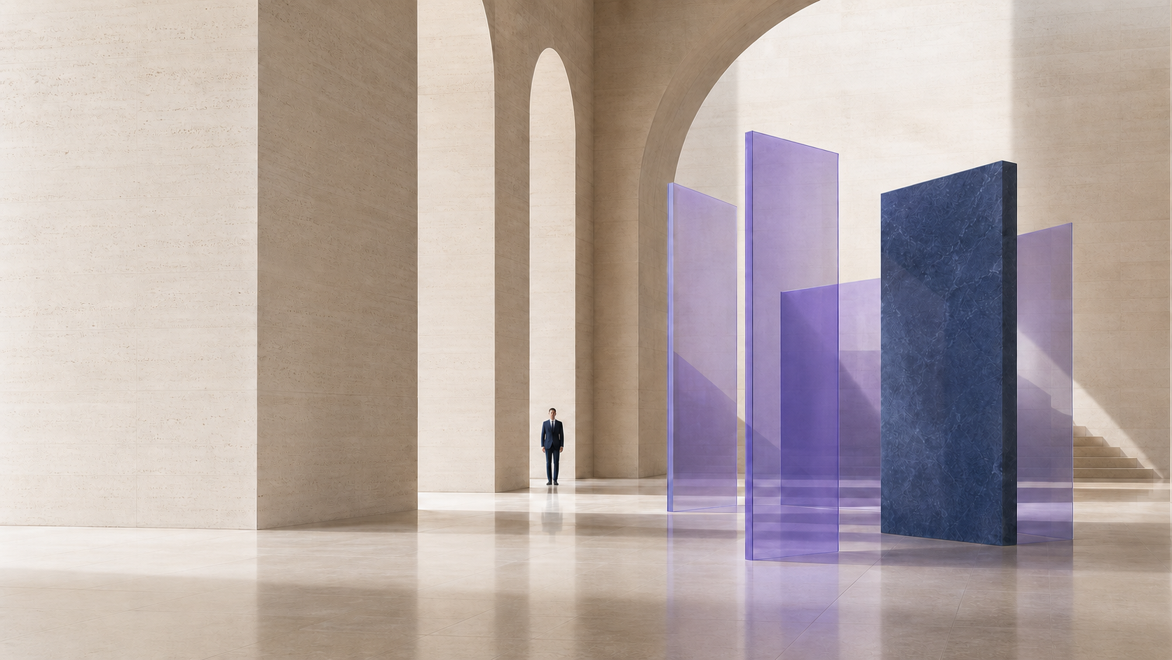 A quiet architectural gallery with a subtle executive silhouette facing the viewer and an abstract Aeneas installation