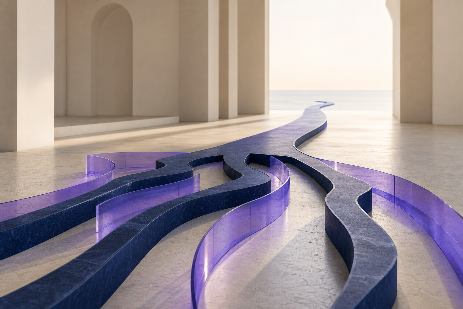Multiple architectural pathways converging into one clear route